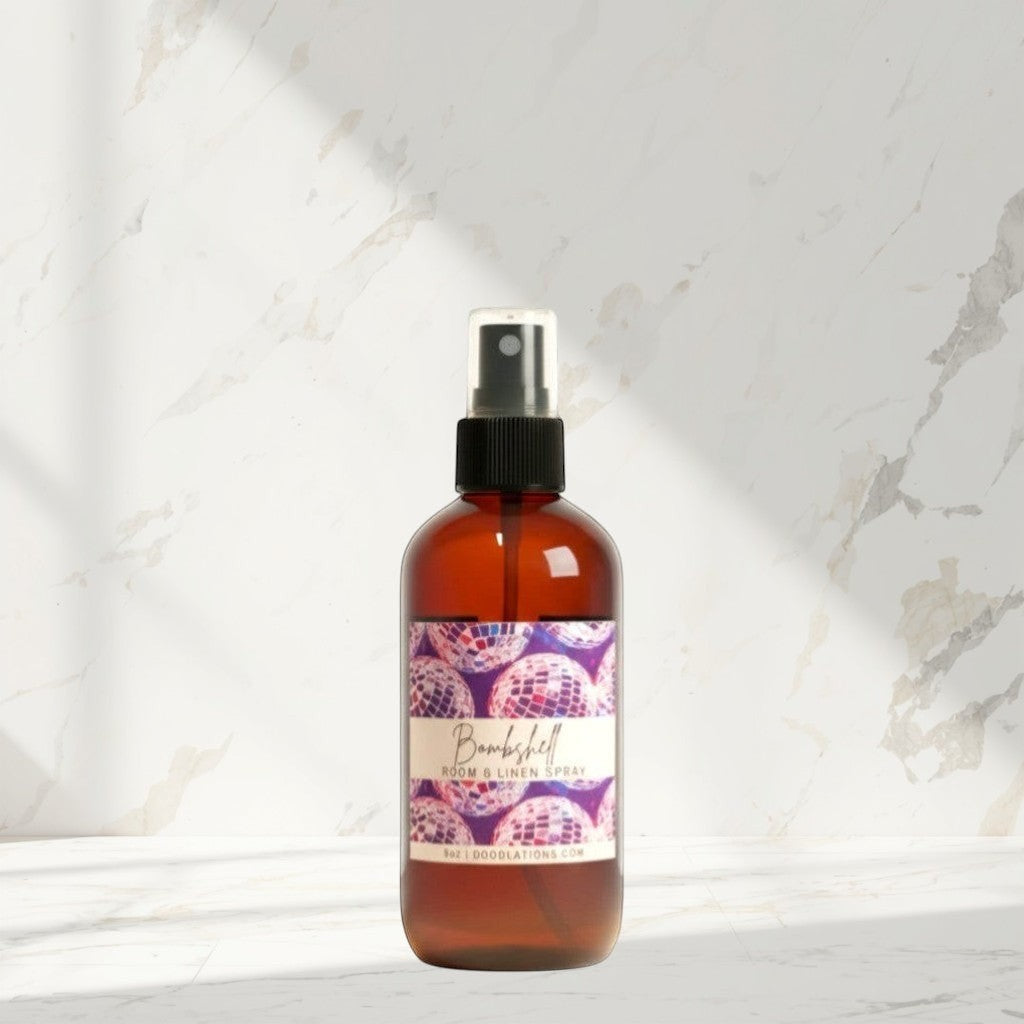 Doodlations Bombshell Room & Linen Spray bottle with disco ball label. Inspired by Victoria's Secret Bombshell.