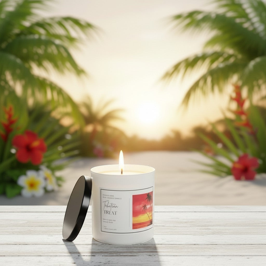 Doodlations Coffee Bar & Boutique Tahitian Treat candle with black lid, set on a wooden table with a tropical beach sunset background.