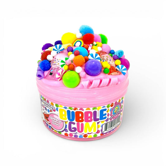 Doodlations Coffee Bar & Boutique pink bubble gum scented slime with colorful charms, pom poms, and candy.