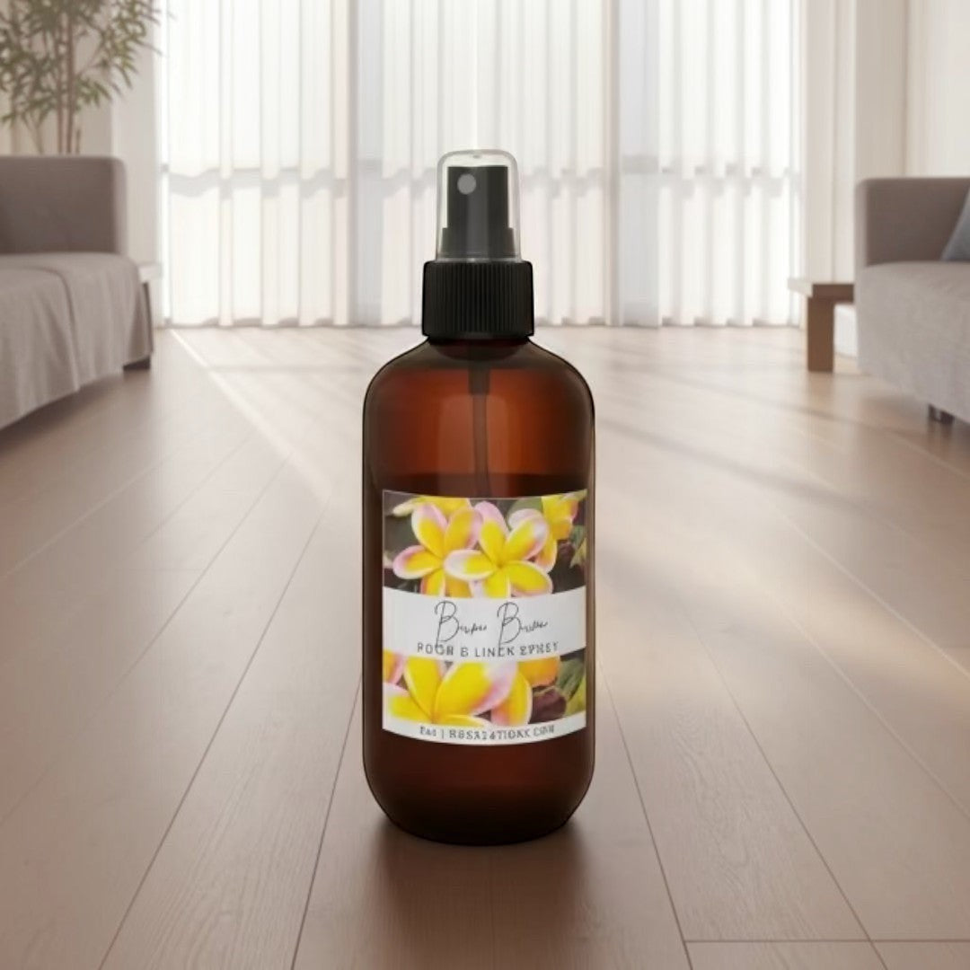 Doodlations Bum Bum room and linen spray in amber bottle with floral label. Tropical fragrance.
