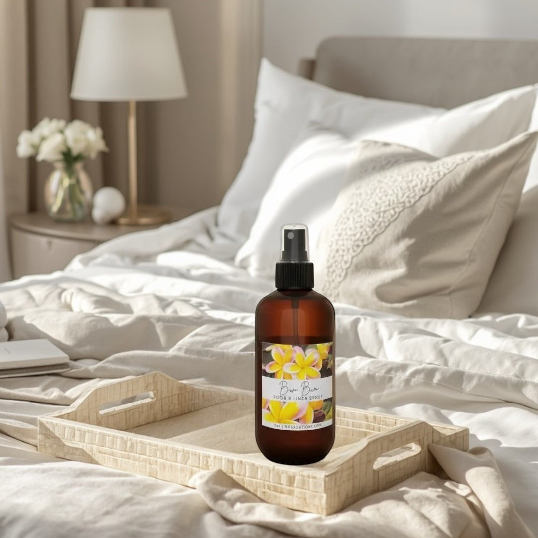 Doodlations Bum Bum room and linen spray in amber bottle with floral label. Tropical scent.