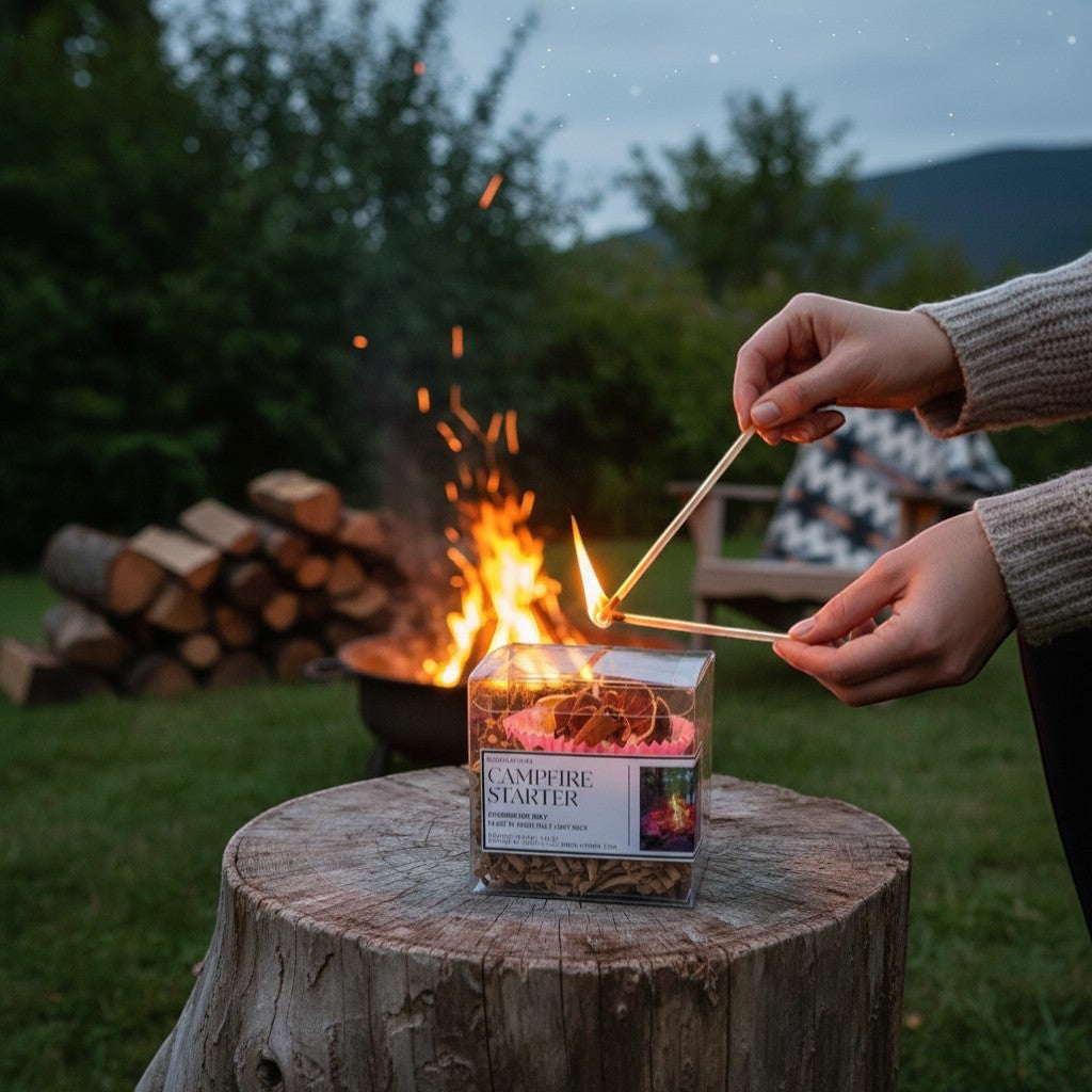 Doodlations Coffee Bar & Boutique campfire starter kit with dried fruit and wood shavings, being lit by a match next to a campfire.