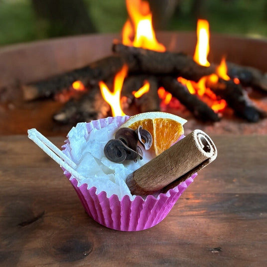 Doodlations Coffee Bar & Boutique campfire starter in pink cupcake liner with cinnamon stick, dried orange, and potpourri.