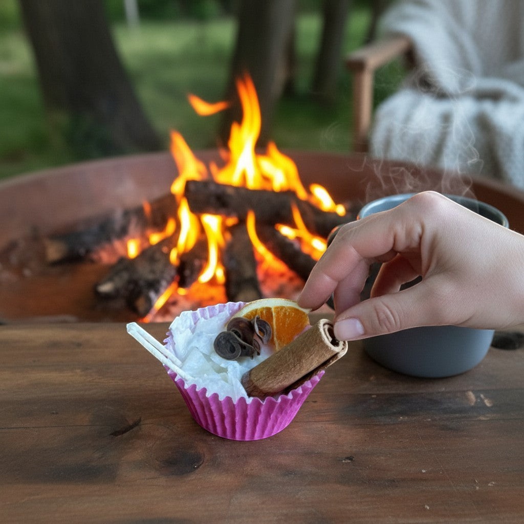 Doodlations Coffee Bar & Boutique campfire starter in pink cupcake liner with orange slice and cinnamon stick.