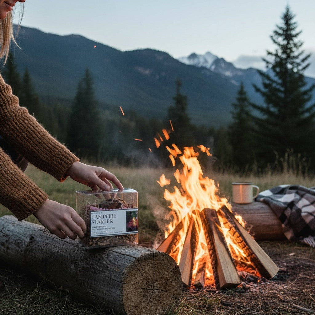 Doodlations Coffee Bar & Boutique campfire starters in a clear box, perfect for outdoor fire pits.