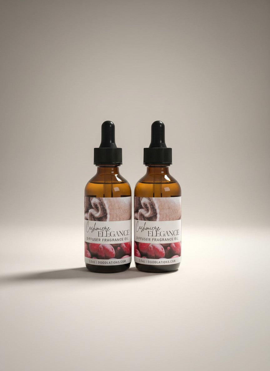 Doodlations Coffee Bar & Boutique Cashmere Elegance diffuser fragrance oil in amber glass bottle with dropper. Features a label with cashmere swirl and red berries.