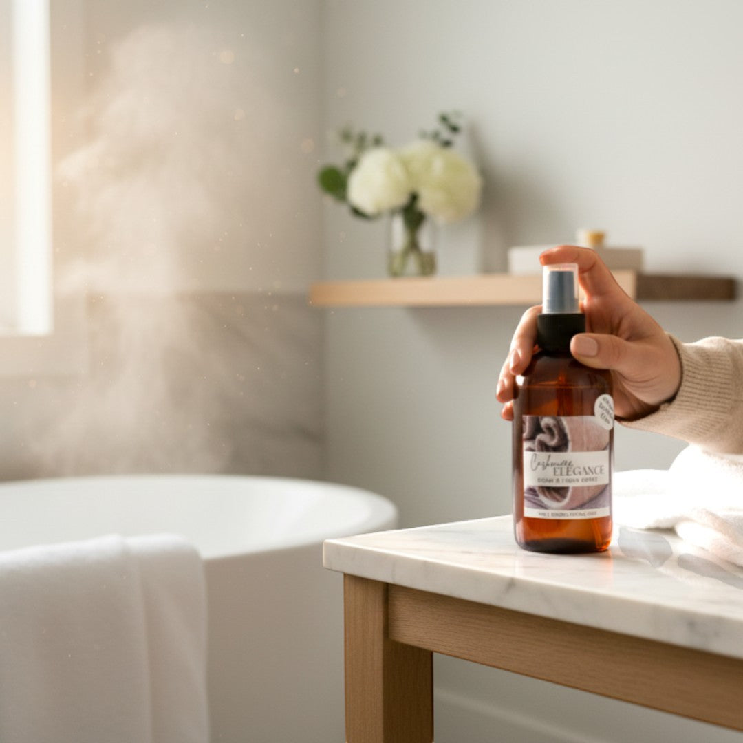 Doodlations Coffee Bar & Boutique Cashmere Elegance room and linen spray bottle being held and sprayed in a bathroom.
