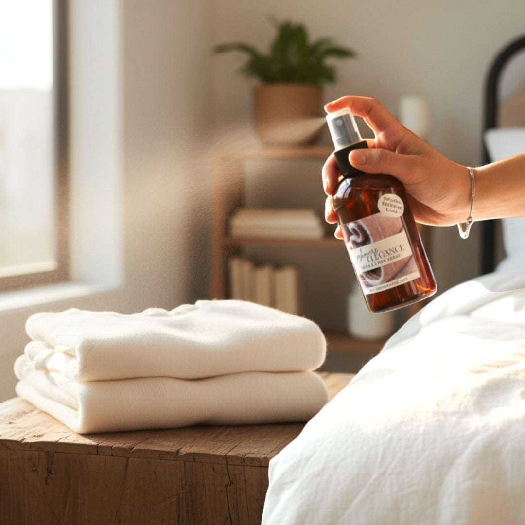 Doodlations Coffee Bar & Boutique Cashmere Elegance room and linen spray bottle being sprayed onto white folded towels.