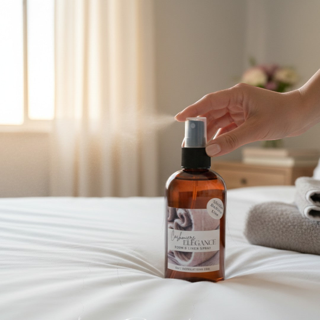 Doodlations Coffee Bar & Boutique Cashmere Elegance room and linen spray bottle being sprayed on a white bed.
