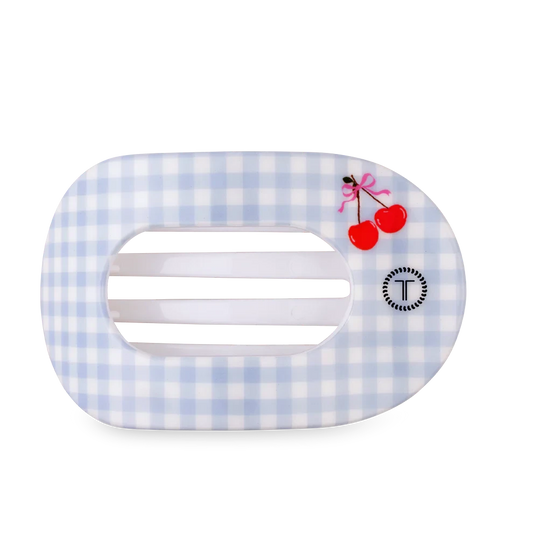 Doodlations Coffee Bar & Boutique light blue gingham hair clip with cherries and pink bow