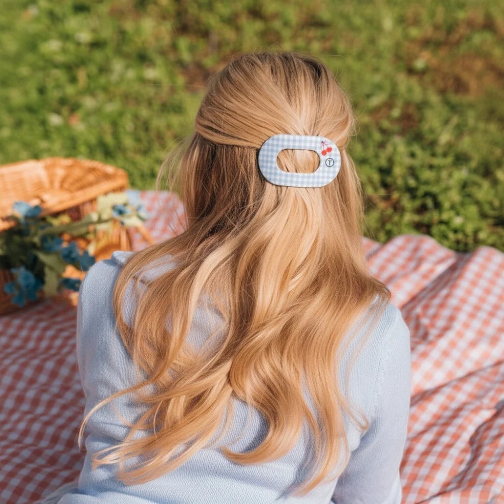 Doodlations Coffee Bar & Boutique light blue gingham hair clip with cherry design