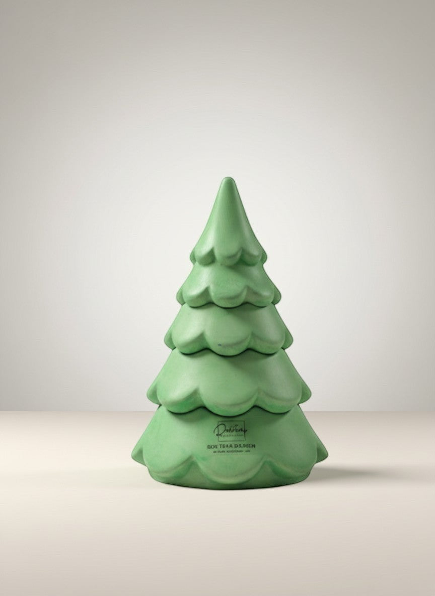 Doodlations 3-Tier Christmas Tree concrete candle in light green. Features a sculptural, tiered design with a scalloped edge.