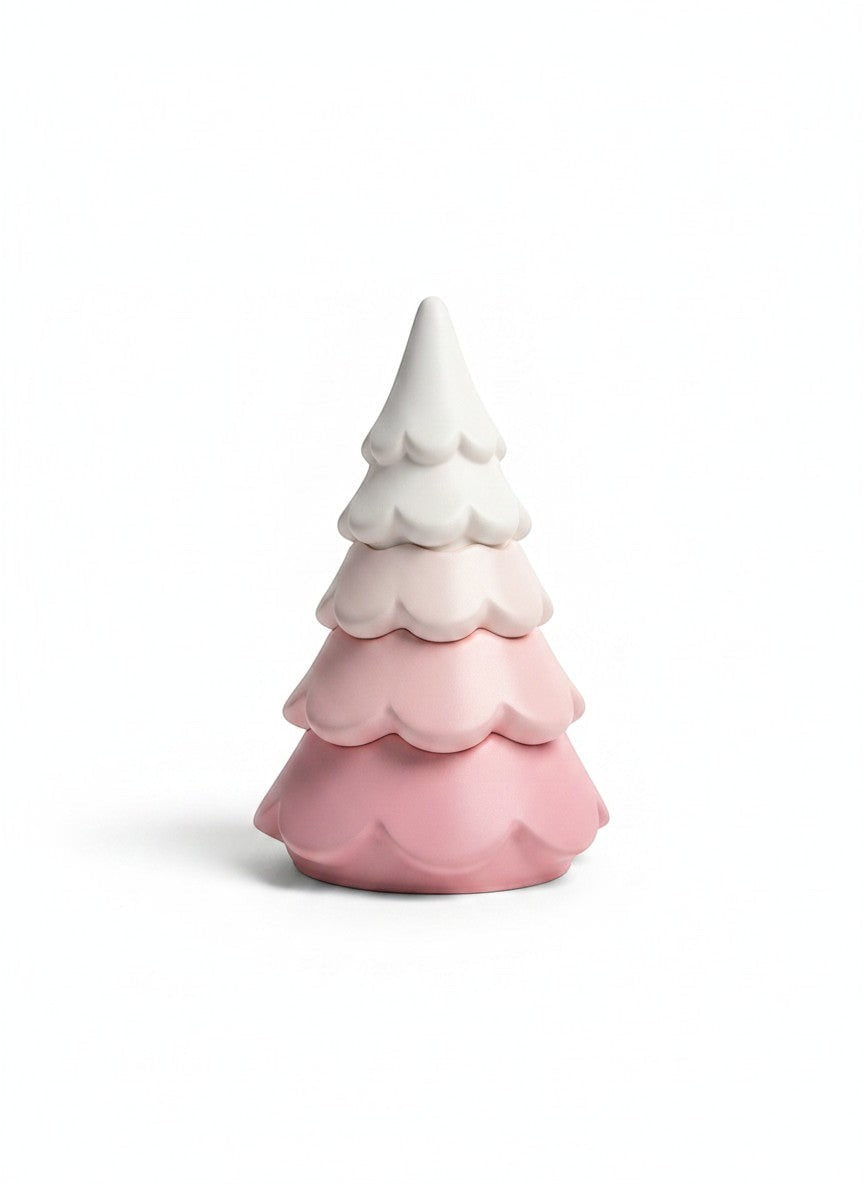 Doodlations 3-tier Christmas tree candle in pastel pink and white concrete. Sculptural holiday decor.