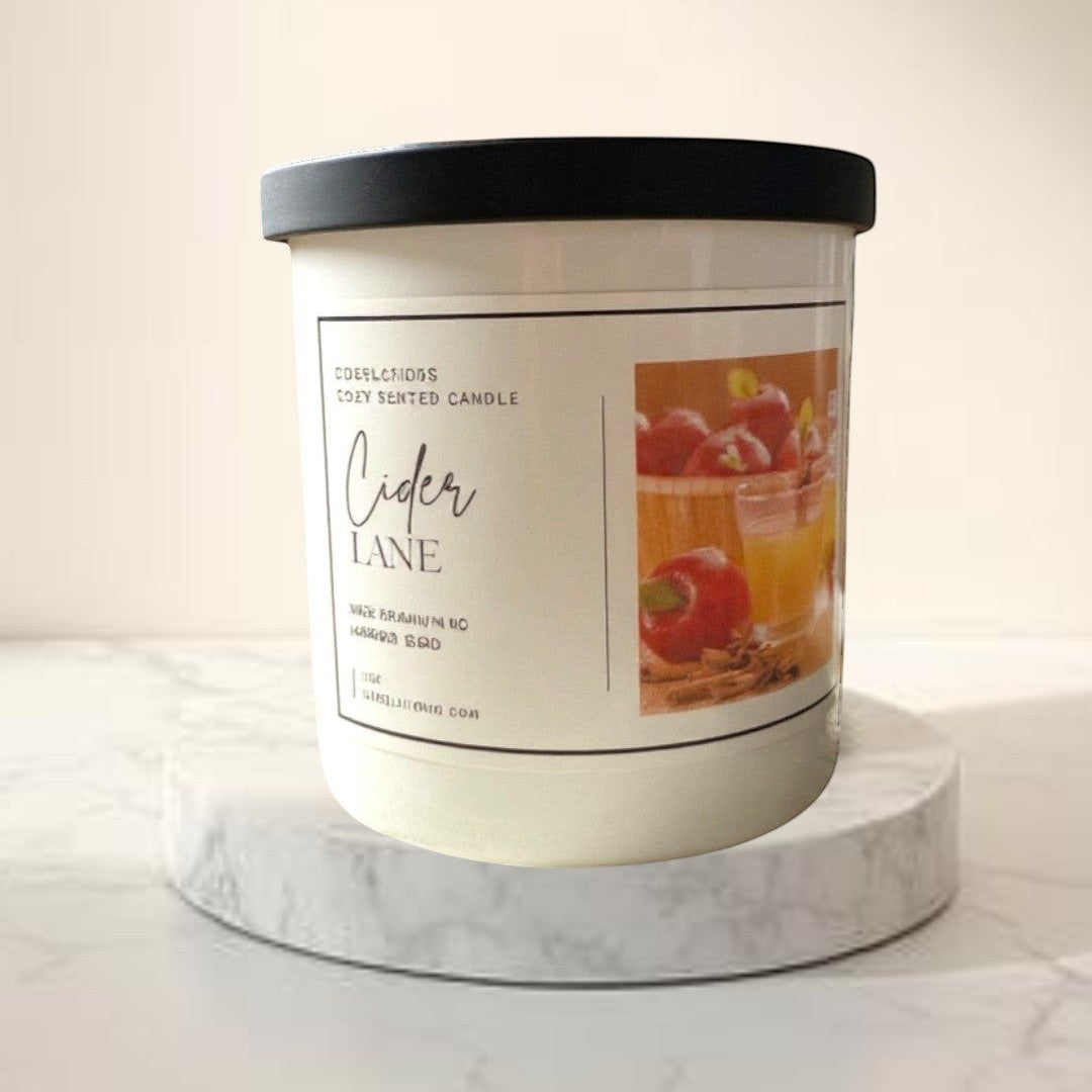 Doodlations Coffee Bar & Boutique Cider Lane candle, 8oz, apple cider scent, cozy home fragrance.