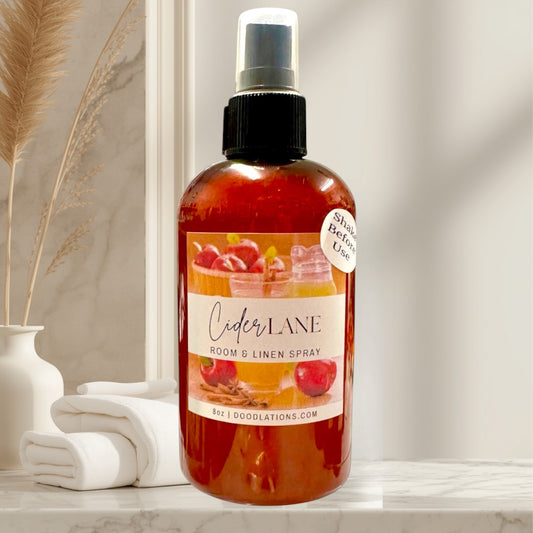 Doodlations Coffee Bar & Boutique Cider Lane 8oz room and linen spray with apple and cinnamon design.