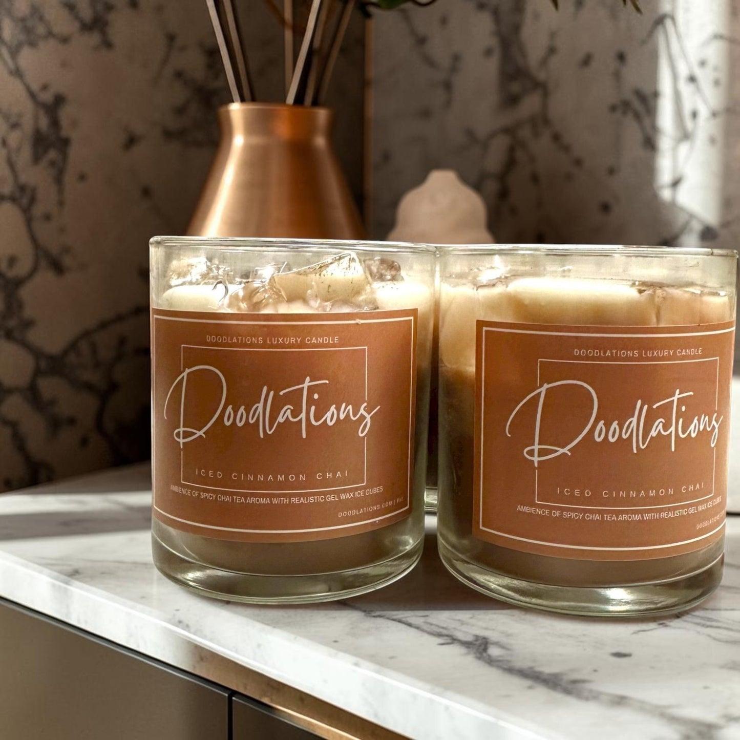 Doodlations Coffee Bar & Boutique Cinnamon Chai Latte candle with realistic wax ice cubes and single wick.