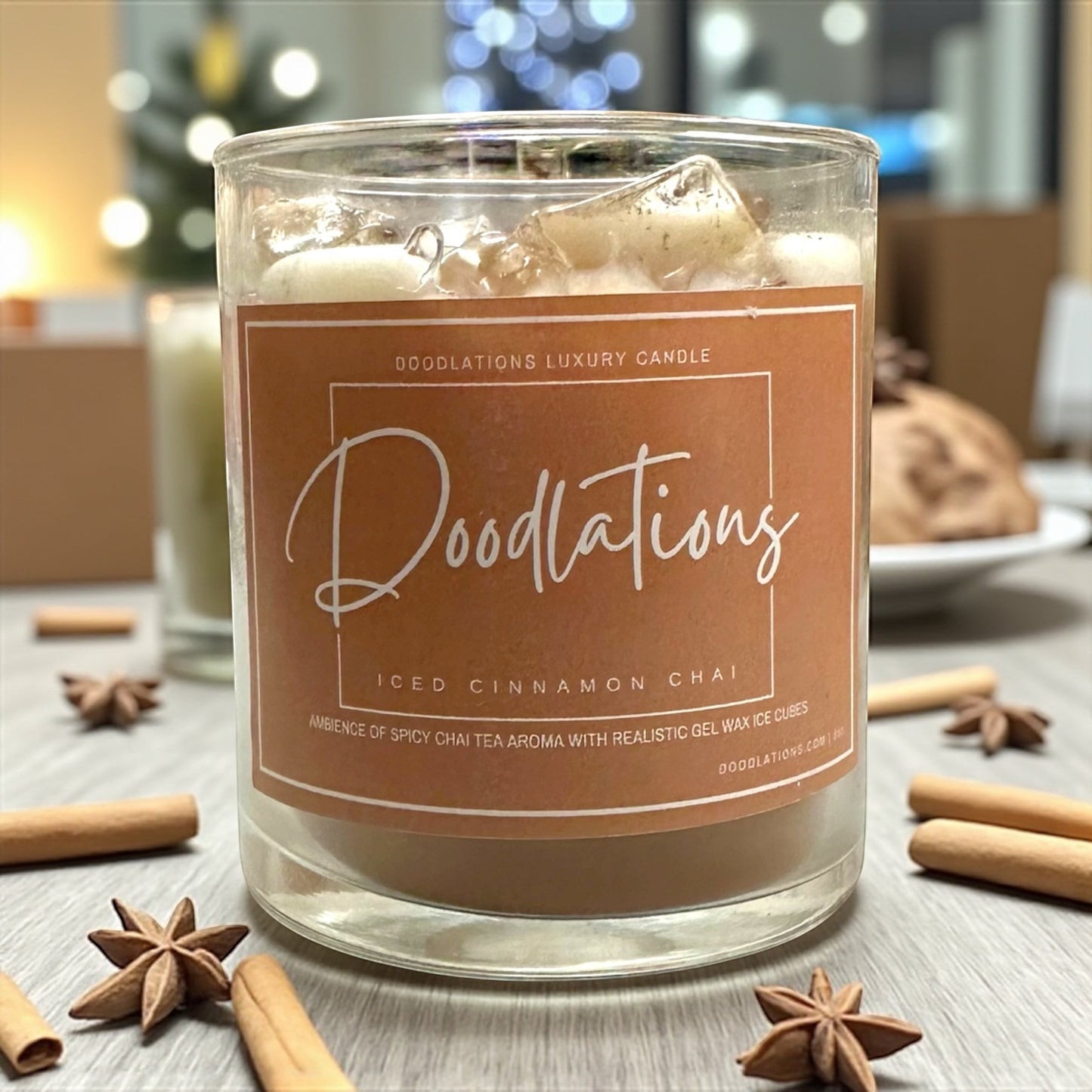 Doodlations Cinnamon Chai Latte candle with realistic wax ice cubes and single wick. Warm, spicy scent.