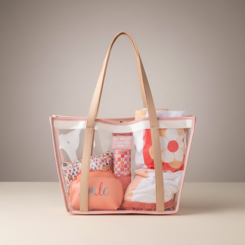 Doodlations Coffee Bar & Boutique clear PVC poolside tote bag with pink faux leather trim and straps, filled with beach essentials.
