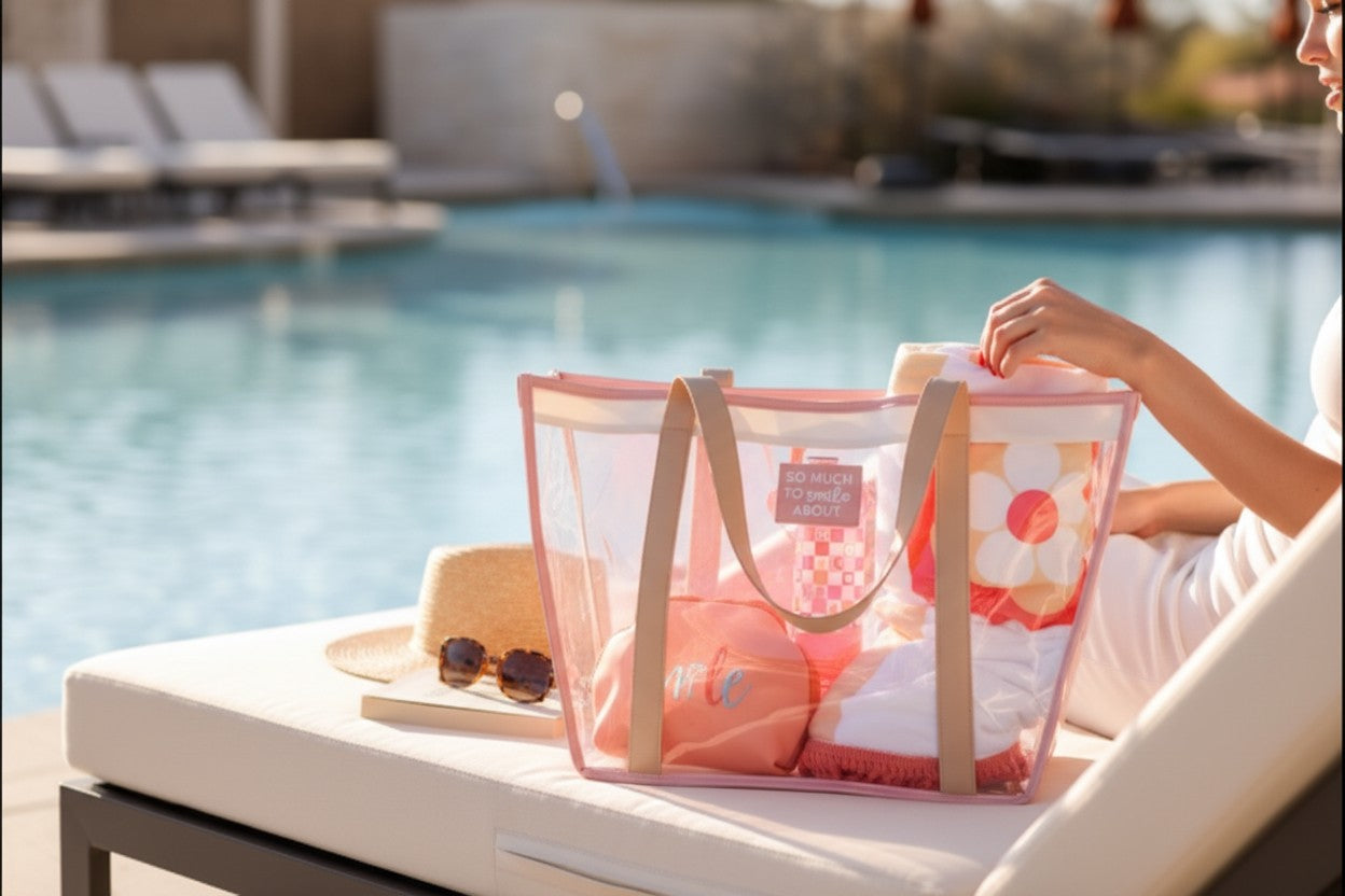 Doodlations Coffee Bar & Boutique clear PVC poolside tote bag with pink faux leather trim and straps, holding beach essentials.