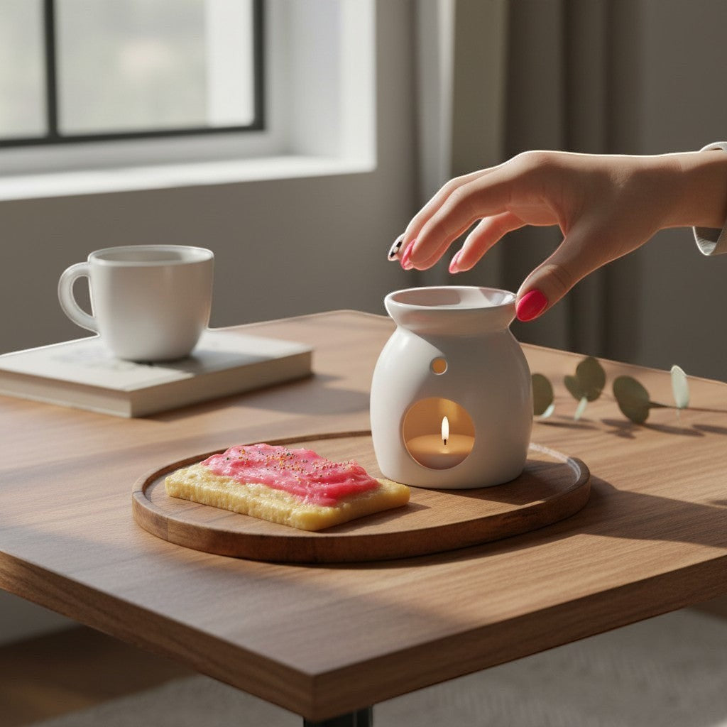 Doodlations Coffee Bar & Boutique PopTart wax melt with pink frosting and sprinkles on a wooden tray next to a white oil burner with a lit candle.