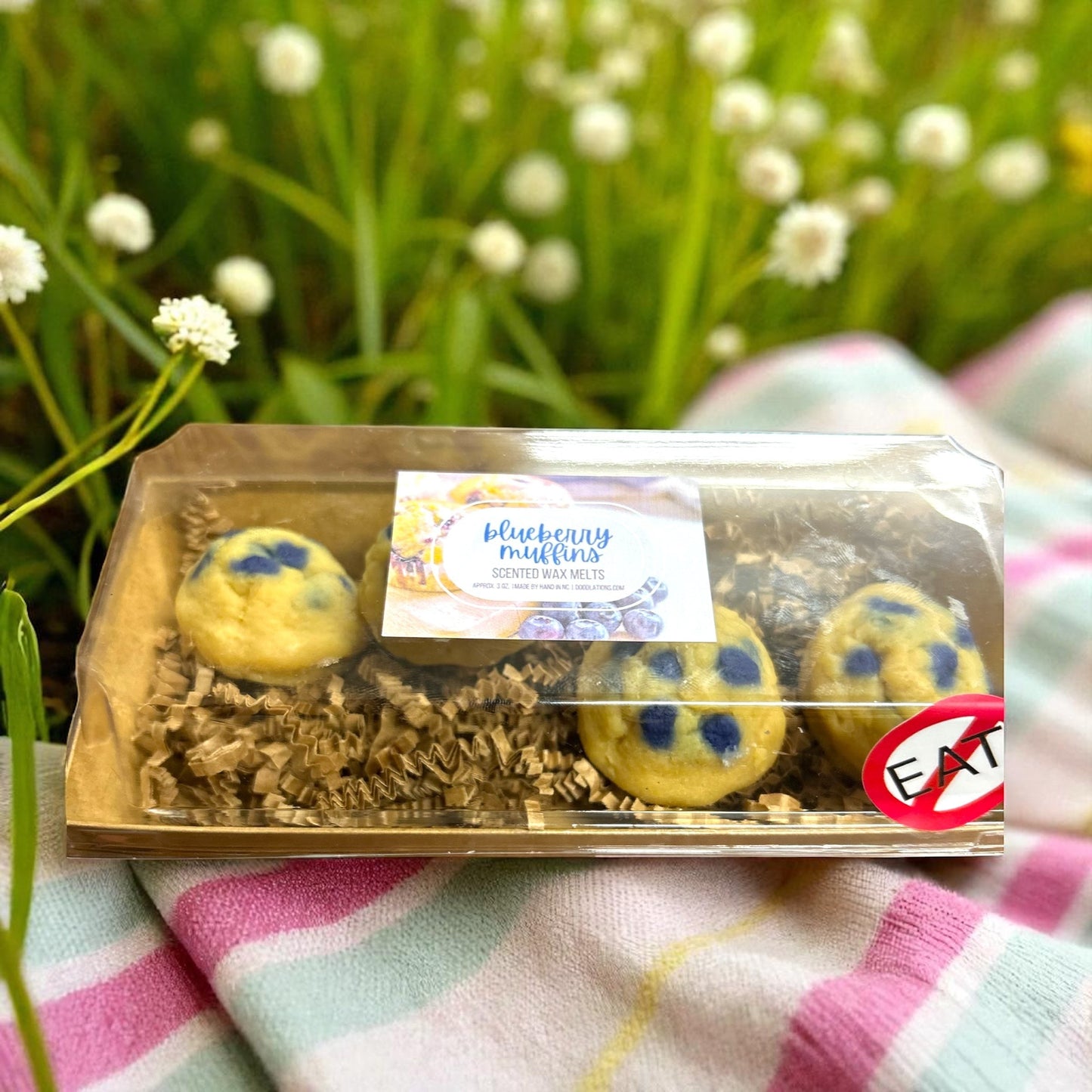 Doodlations Coffee Bar & Boutique Blueberry Muffin wax melts in a clear plastic container with shredded paper, on a striped cloth.