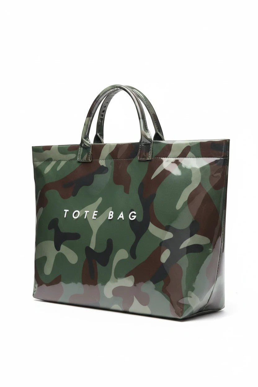 Doodlations Coffee Bar & Boutique glossy camouflage tote bag with sturdy handles and white text detail.
