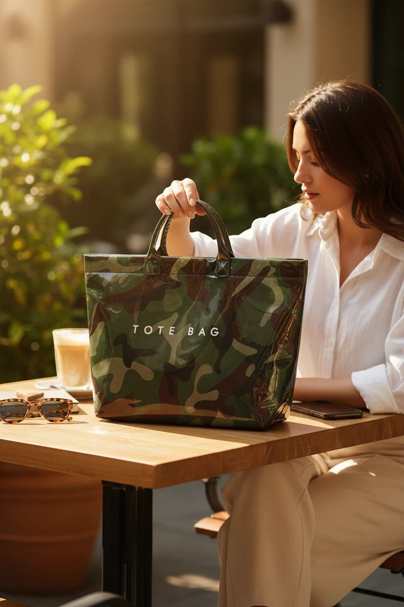 Woman at a cafe with a glossy green camo Doodlations Coffee Bar & Boutique tote bag featuring sturdy handles.