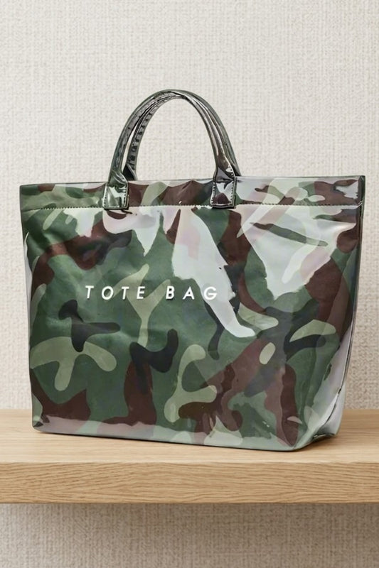 Doodlations Coffee Bar & Boutique green camouflage tote bag with a glossy PVC finish and sturdy top handles.