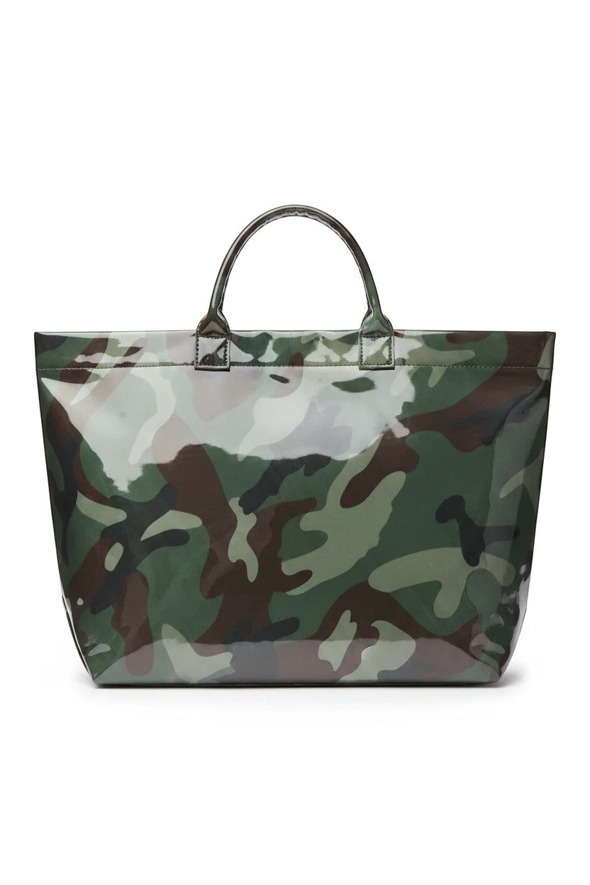 Doodlations Coffee Bar & Boutique glossy camouflage print tote bag with sturdy handles for everyday utility.