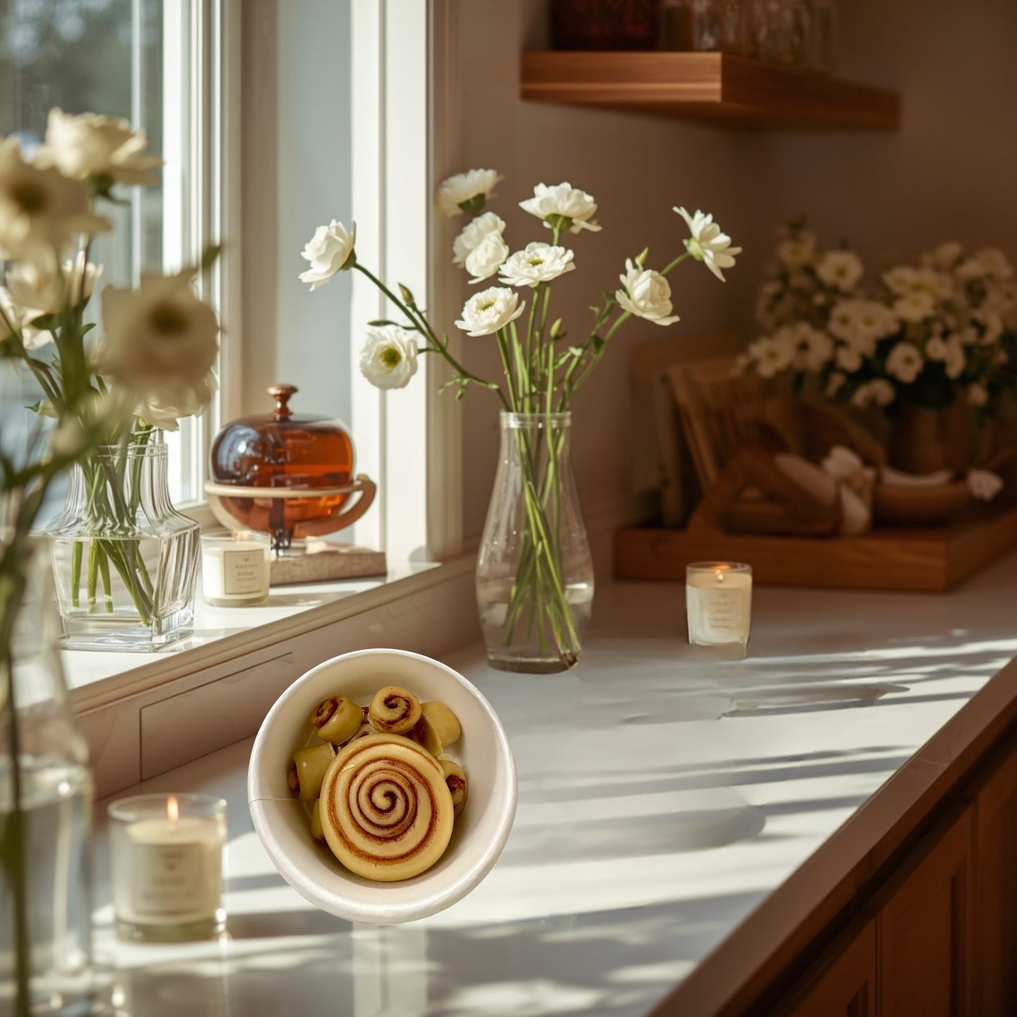 Doodlations Coffee Bar & Boutique Cinnamon Roll wax melts in a white bowl, resembling freshly baked cinnamon rolls.