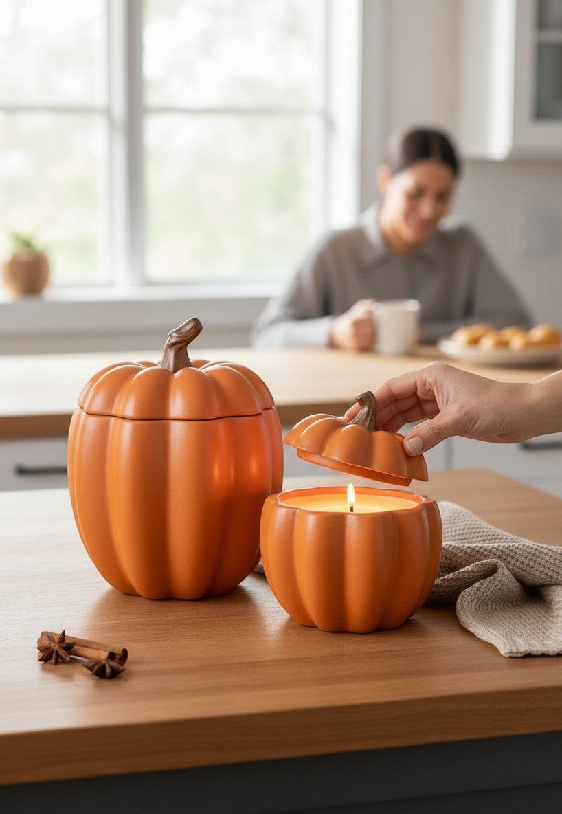 Doodlations Coffee Bar & Boutique orange concrete pumpkin candle with lid, lit.