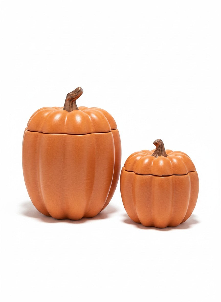Doodlations Coffee Bar & Boutique orange concrete pumpkin candle vessels in two sizes. Autumn decor.