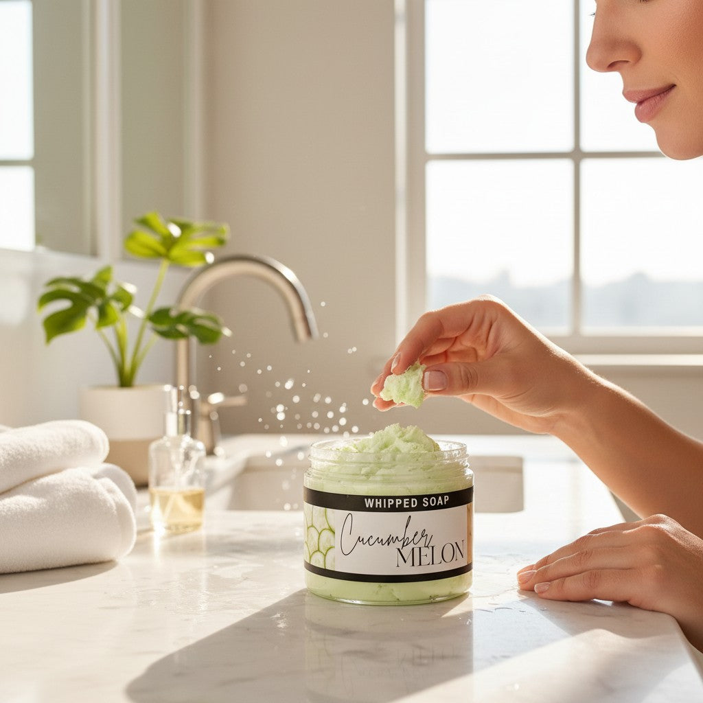 Doodlations Coffee Bar & Boutique Cucumber Melon whipped soap in a jar with a woman scooping the light green lather.