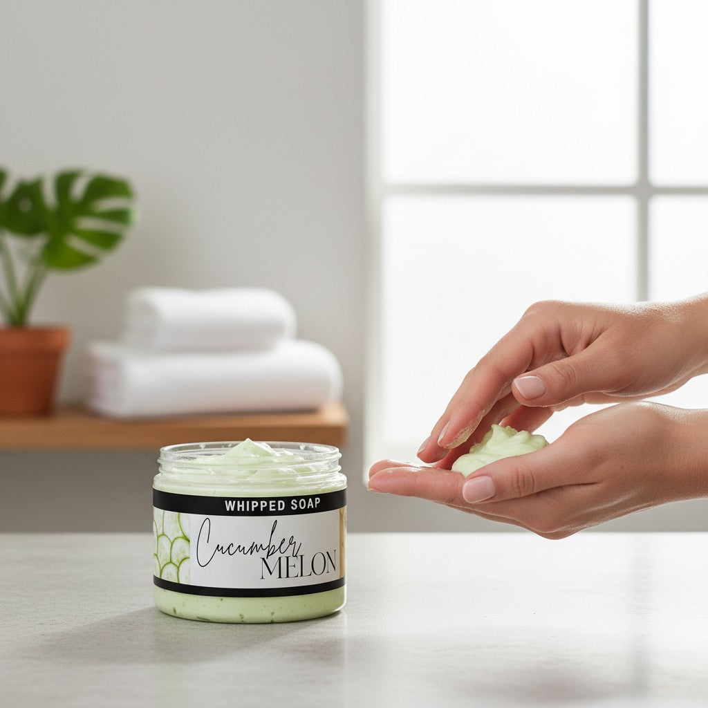 Doodlations Coffee Bar & Boutique Cucumber Melon whipped soap in a jar with hands scooping a light green creamy lather.