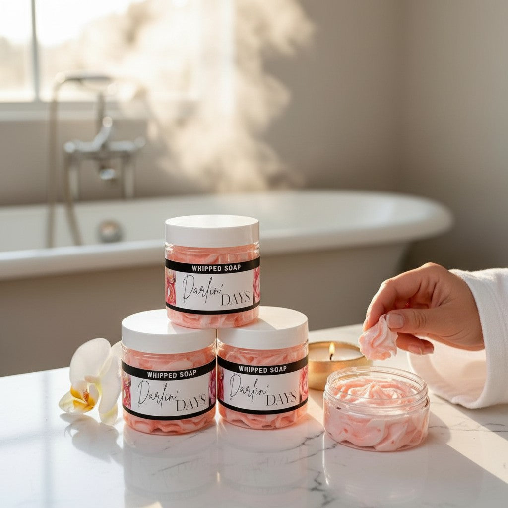 Doodlations Coffee Bar & Boutique Darlin Days whipped soap in pink jars on a marble counter with a steaming bath.