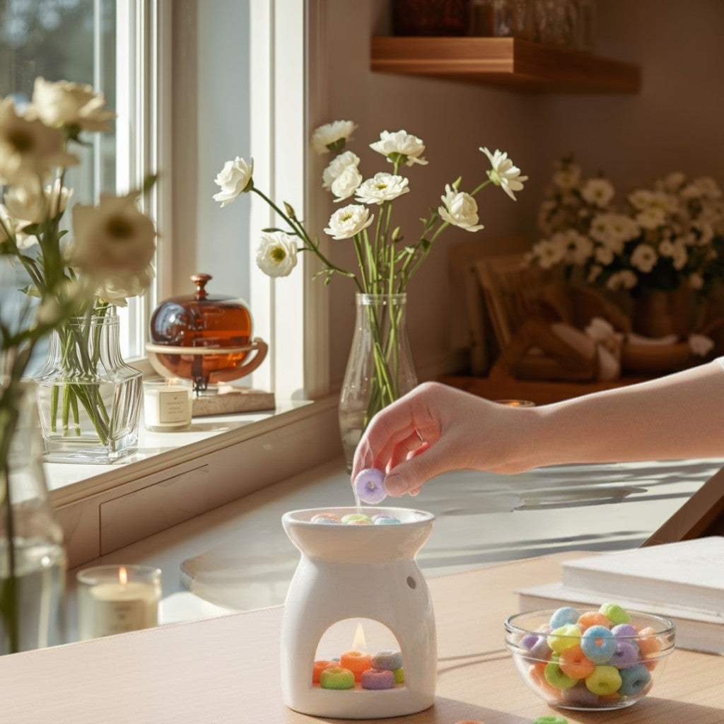 Doodlations Coffee Bar & Boutique Fruit Loop wax melts in a white ceramic burner with a hand adding a purple melt.