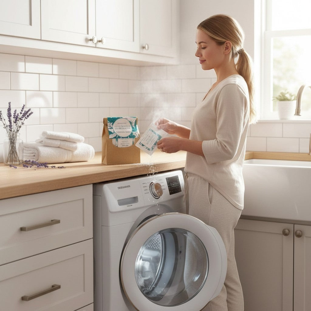 Woman adding Doodlations Coffee Bar & Boutique laundry scent booster crystals into a washing machine in a bright kitchen