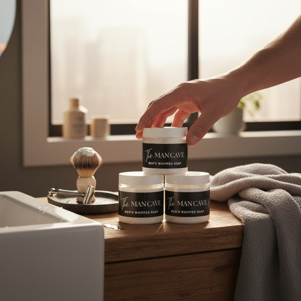 Doodlations Coffee Bar & Boutique The Mancave whipped soap jars on a wooden bathroom vanity with a shaving brush.