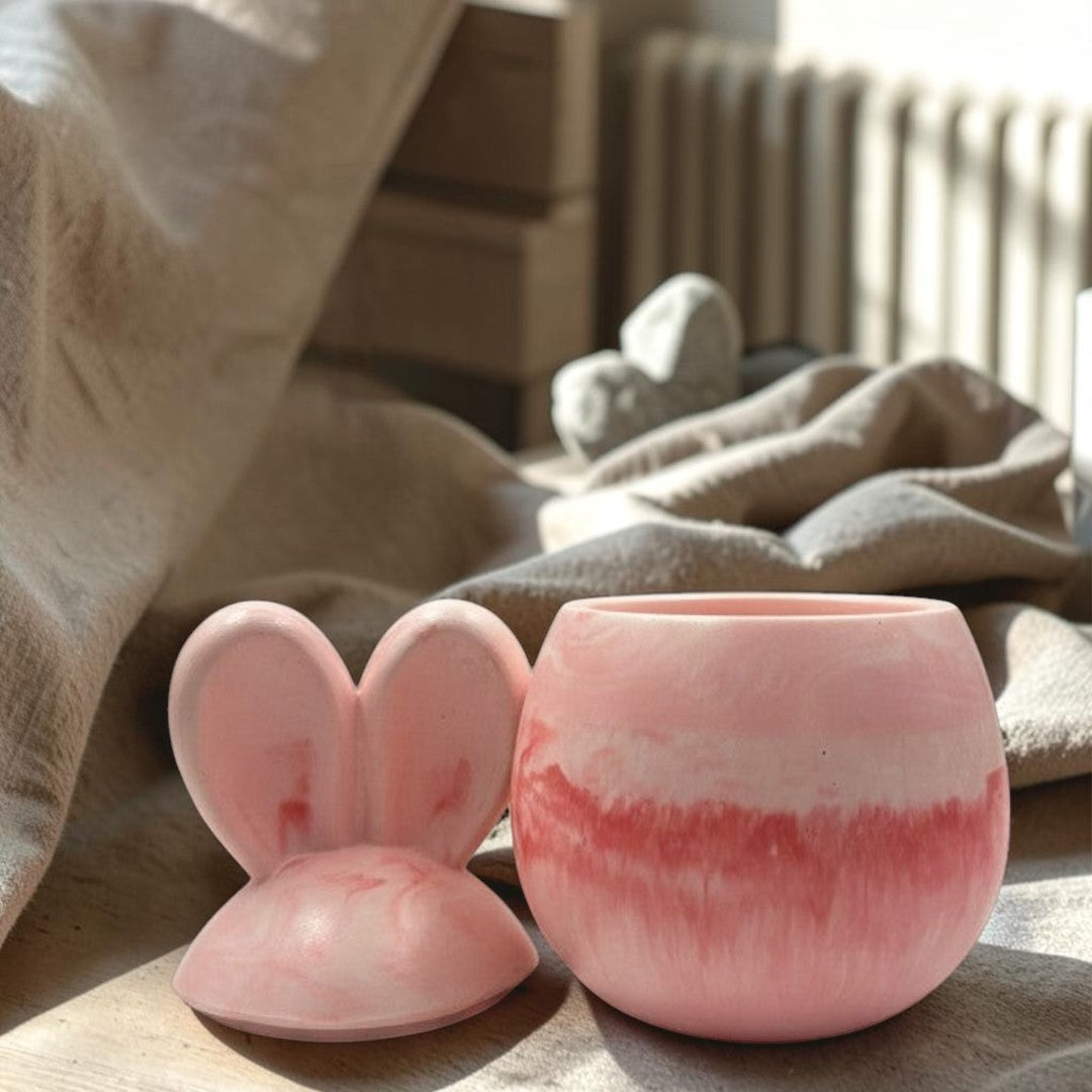 Doodlations Coffee Bar & Boutique marbled pink concrete bunny candle with lid, 9oz soy blend wax.