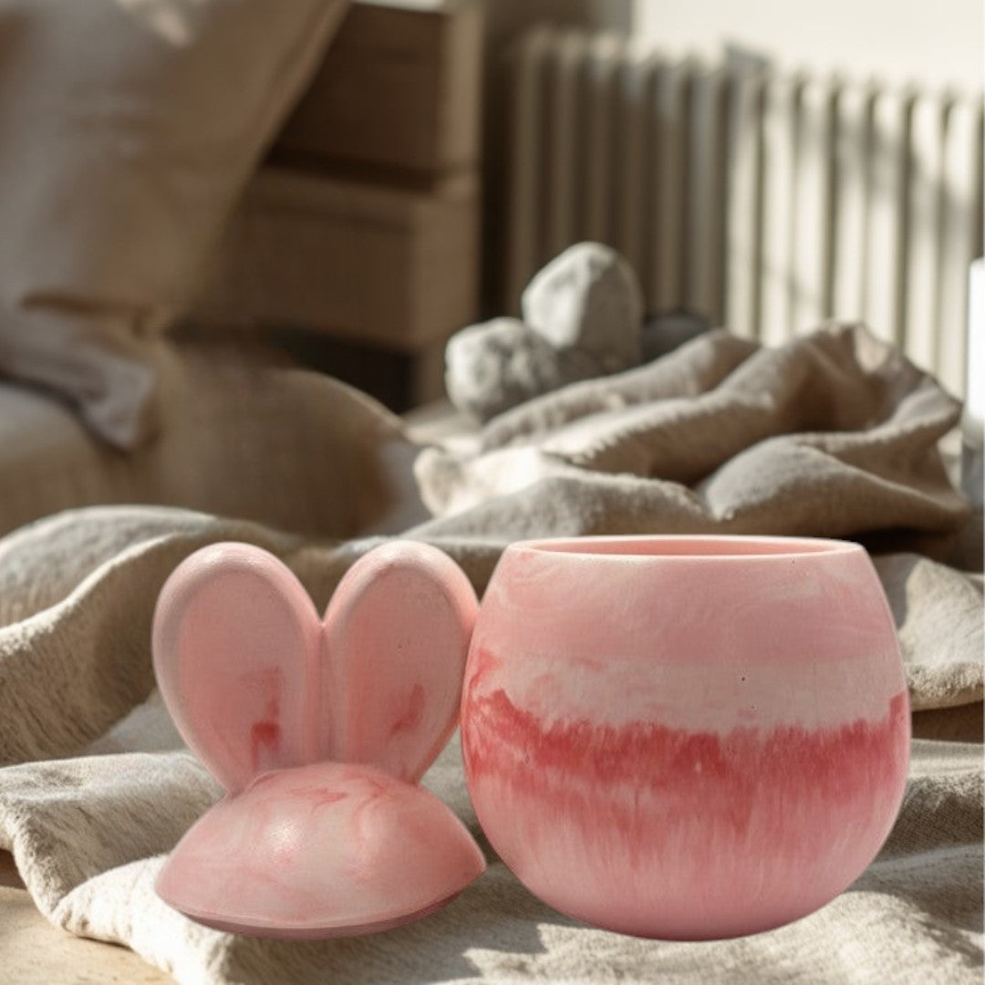 Doodlations Coffee Bar & Boutique marbled pink concrete bunny candle with lid, 9oz soy blend wax.