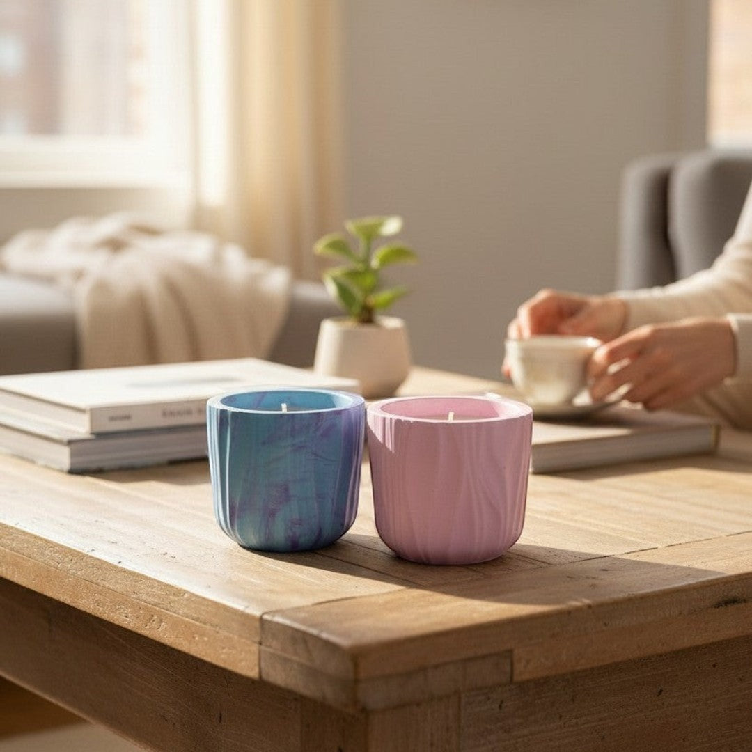 Doodlations Coffee Bar & Boutique Darlin Days marbled concrete candle in blue and pink wavy vessels with soy wax.