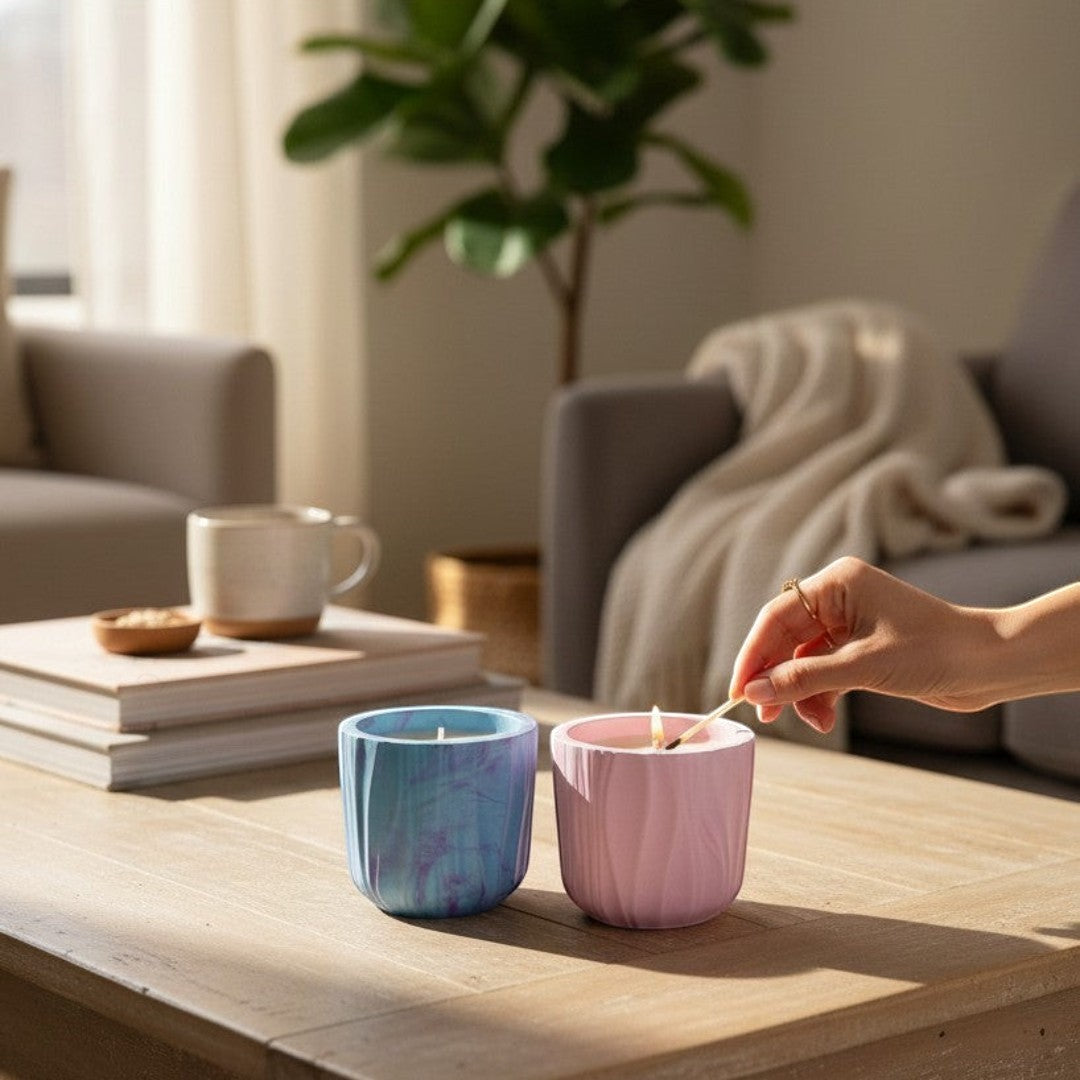 Doodlations Coffee Bar & Boutique Darlin Days marbled concrete candle in blue and pink wavy vessels with soy wax.