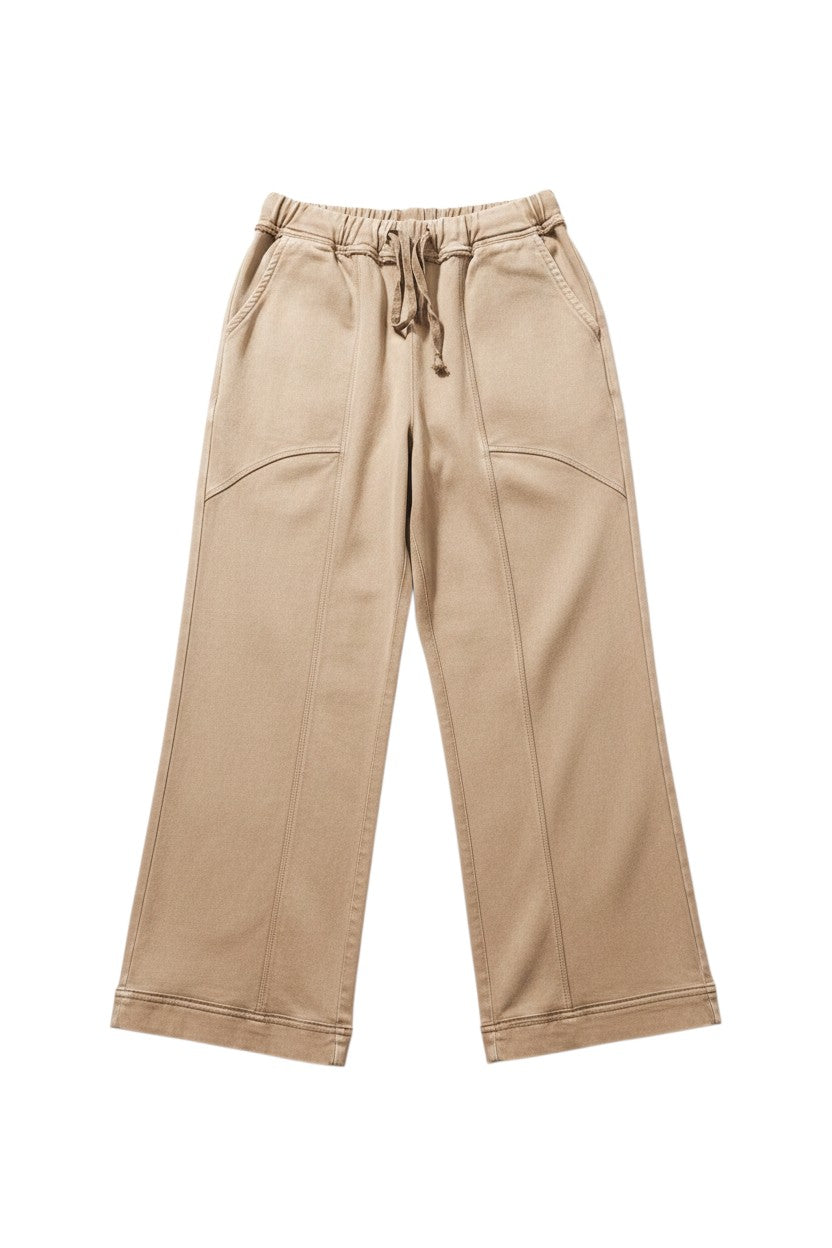 Doodlations Coffee Bar & Boutique mineral wash tan drawstring wide-leg pants with pockets.