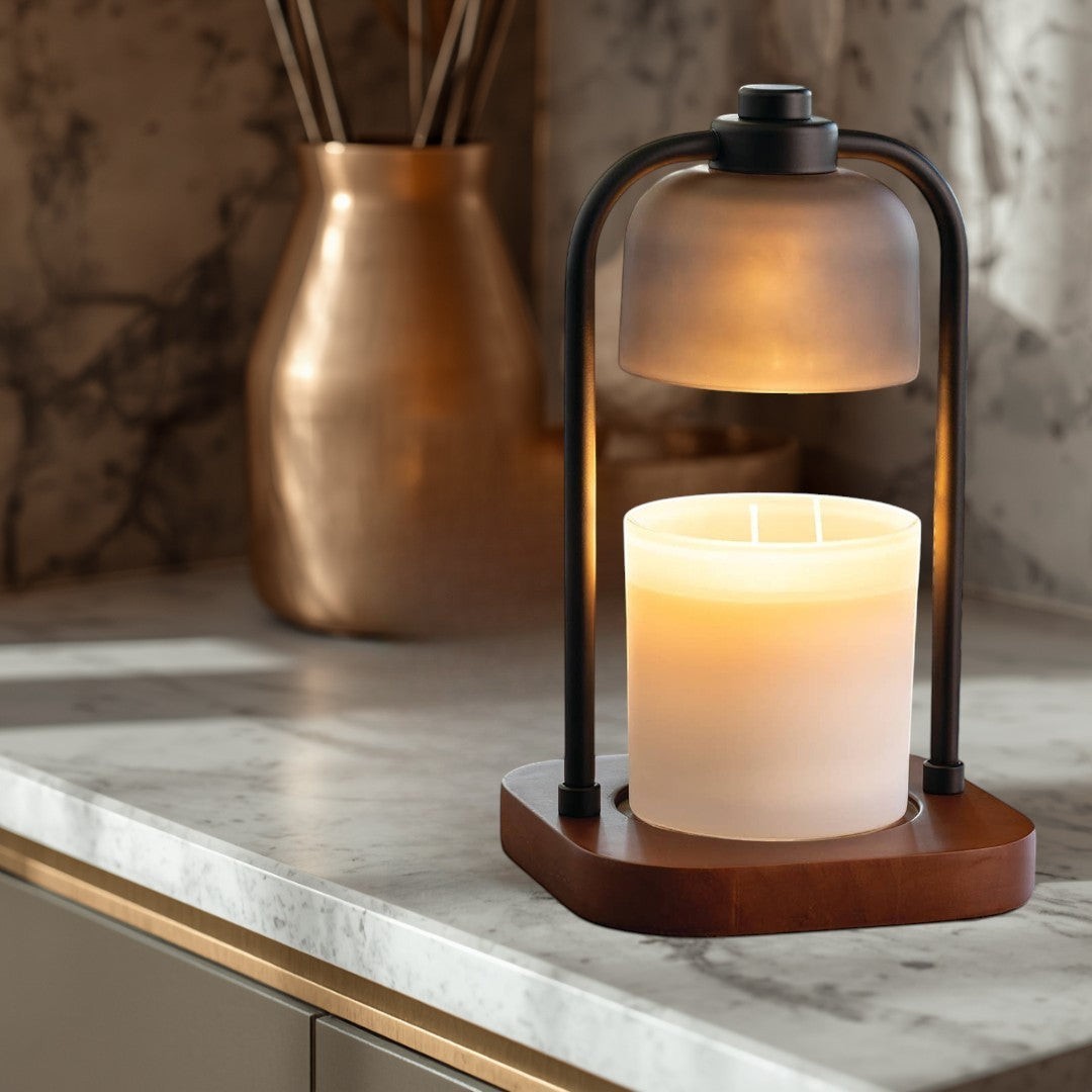 Doodlations Coffee Bar & Boutique modern wood and metal candle warmer lamp with frosted shade.
