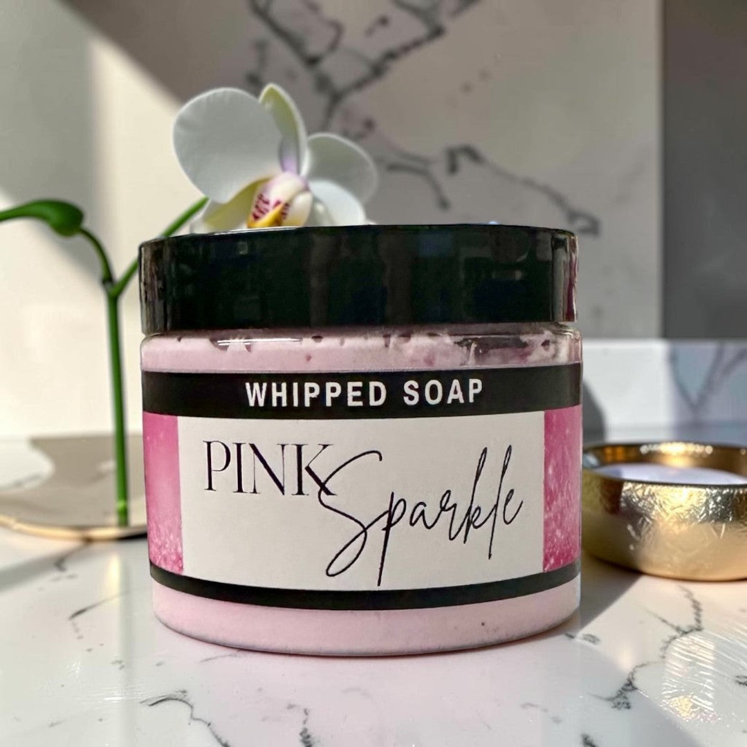 Doodlations Coffee Bar & Boutique Pink Sparkle whipped soap in a 3.5oz jar with cranberry and plum scent.