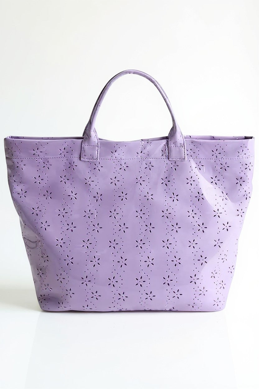 Doodlations Coffee Bar & Boutique purple tote bag with glossy finish and delicate flower eyelet pattern.
