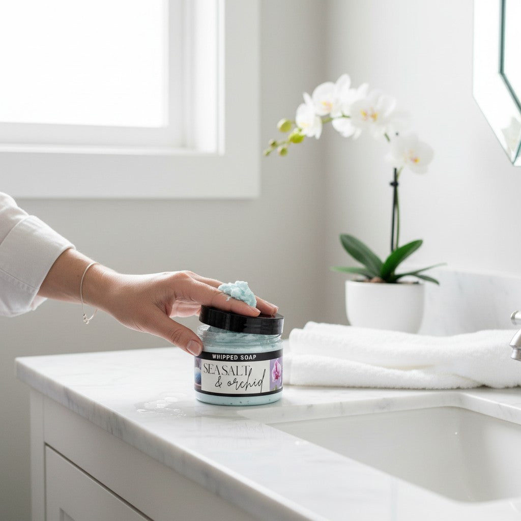 Doodlations Coffee Bar & Boutique Sea Salt & Orchid whipped soap in a jar held by a hand in a bright bathroom setting.