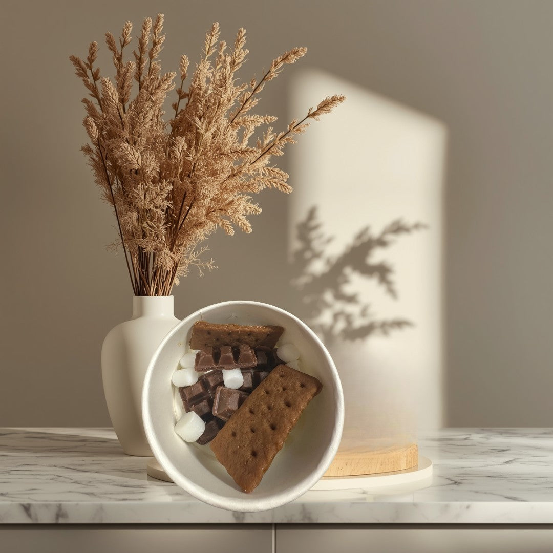 Doodlations Coffee Bar & Boutique Smores wax melts shaped like graham crackers, chocolate bars, and marshmallows.