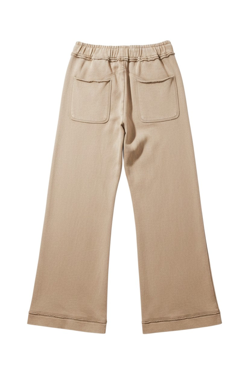 Doodlations Coffee Bar & Boutique tan mineral wash wide-leg drawstring pants with back pockets and frayed hem.