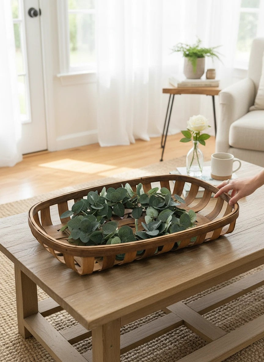Doodlations Coffee Bar & Boutique handcrafted wooden tobacco basket with faux greenery